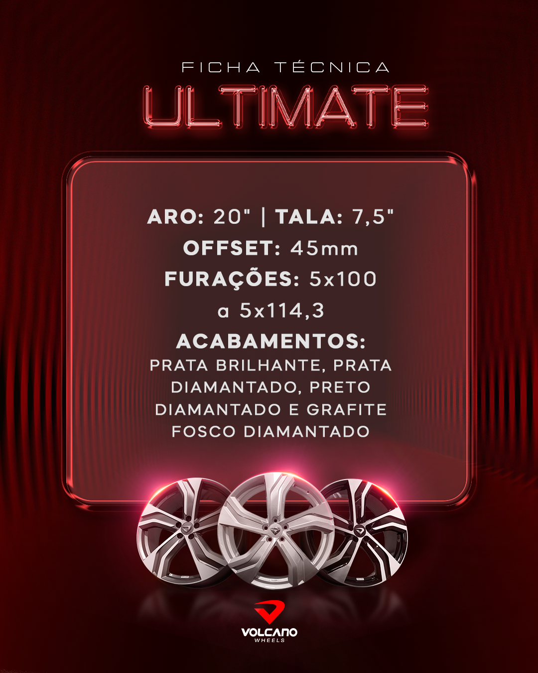 Roda Ultimate Aro 20" Tala 7,5" - Grafite Fosco Diamantado + Bicos e Anéis Grátis