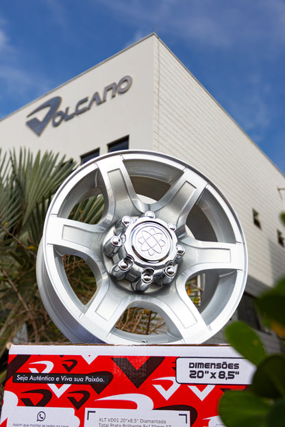Roda F-250 XLT Aro 20" tala 8,5" Furação 8x170  -  Diamantada Total Prata Brilhante + Bicos Grátis